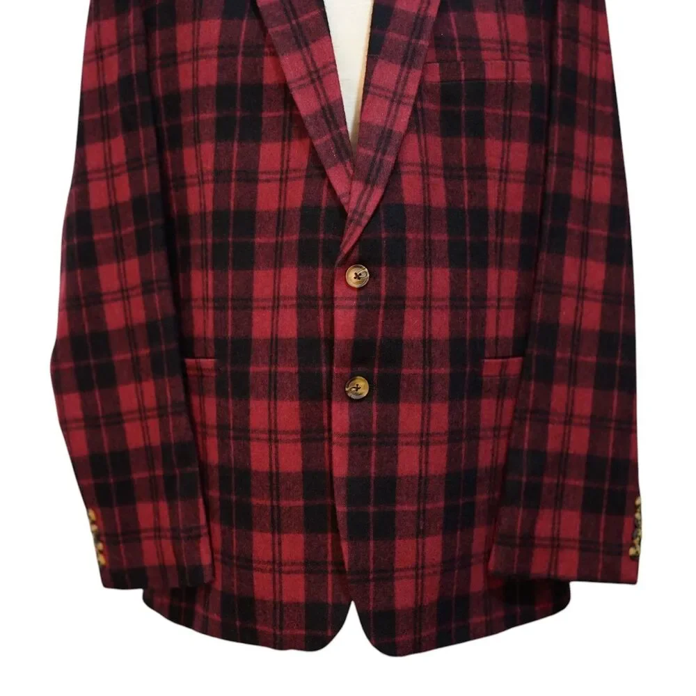 Mens Lambswool Sport Coat 44R Red Black Tartan Plaid Blazer 2 Button Classic